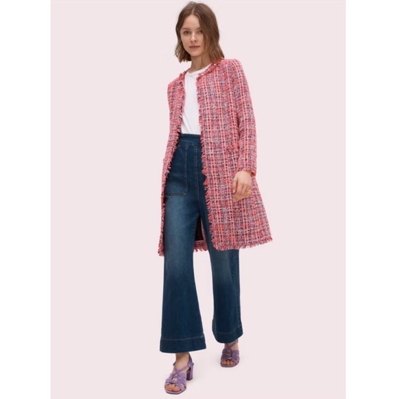 Kate Spade Tweed Open Front Fringe Peacoat Winter Jacket Preppy Pink 6 - Picture 1 of 11